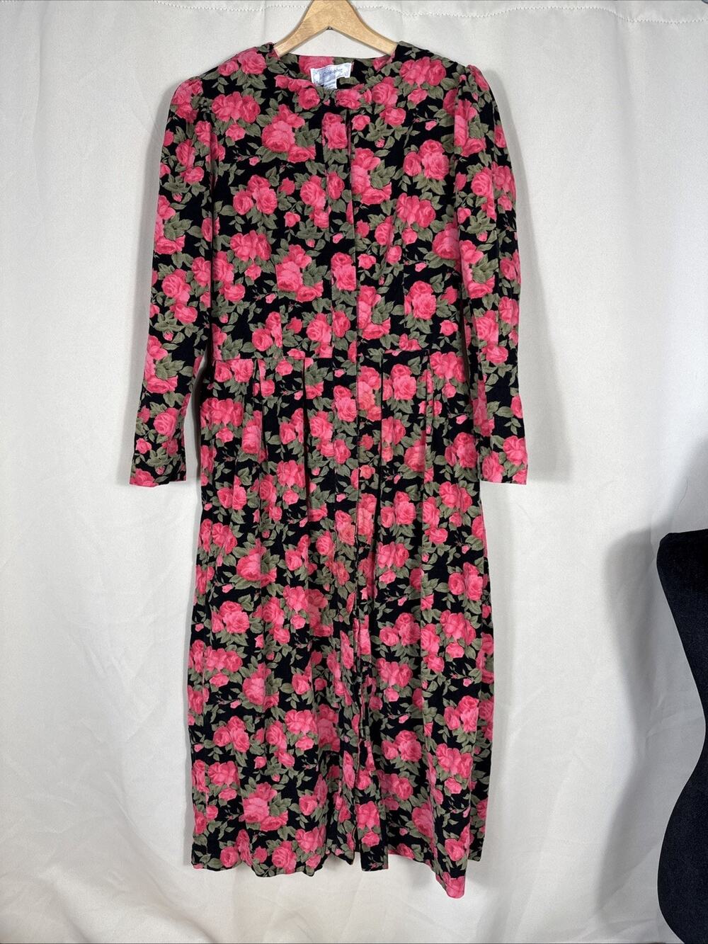 Vintage J Christopher Dress 12 Black Pink Rose Floral Cottagecore Midi 90s